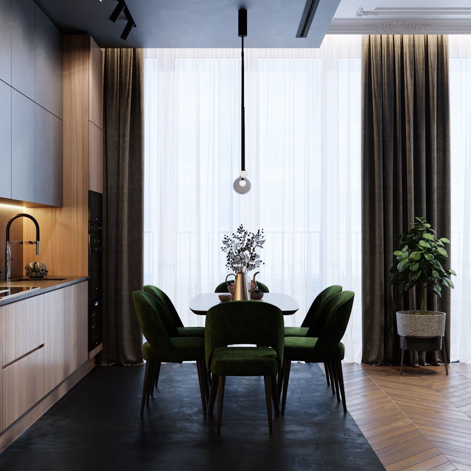 Изумрудные шторы на кухне