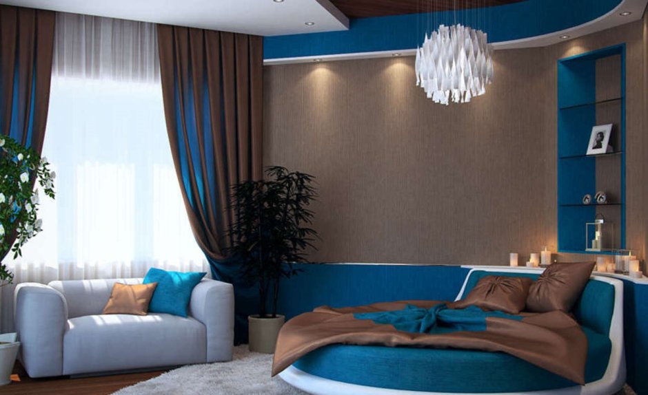 Бирюзовые шторы в спальне