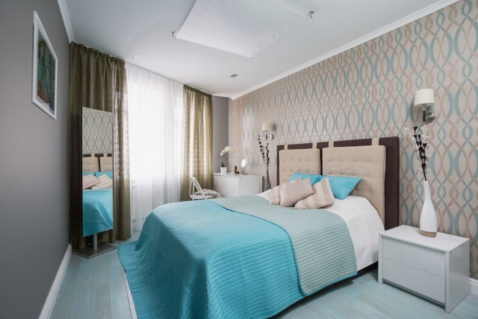 Бирюзовые шторы в интерьере