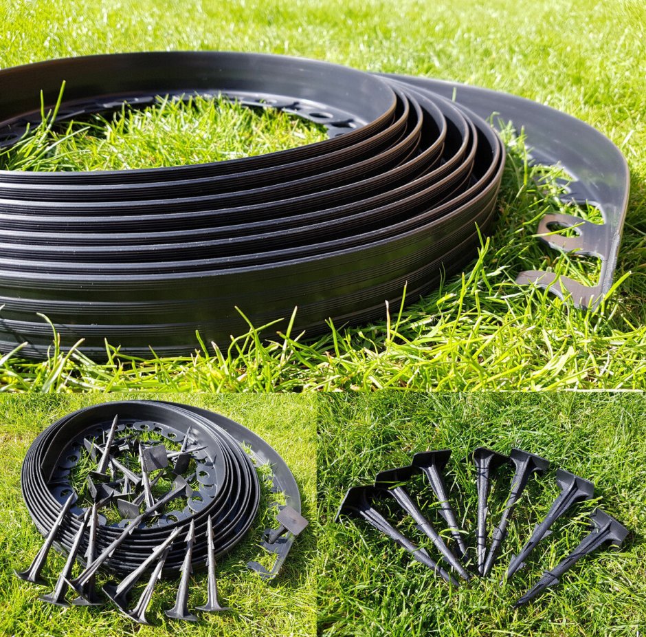 Garden Lawn Edging flexible Plastic Garden border 10m + 50 strong Pegs (Round)