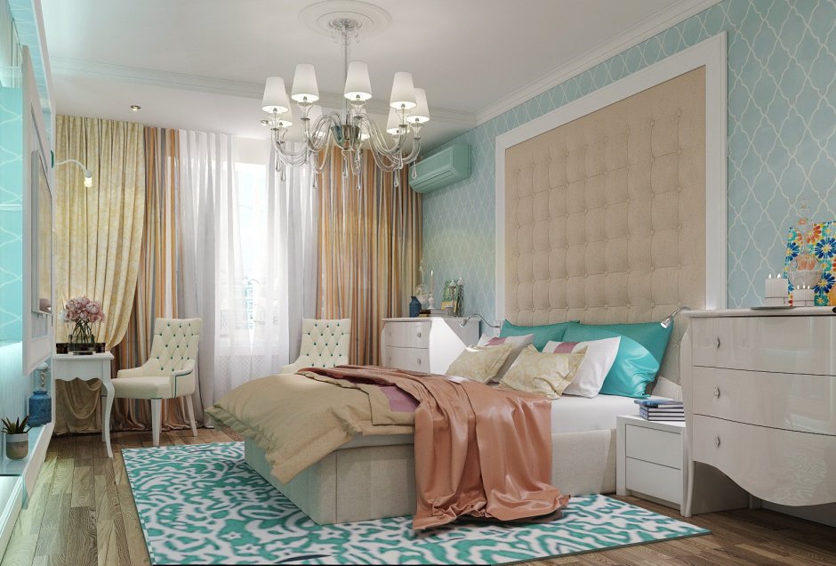Спальня бежево голубая Неоклассика