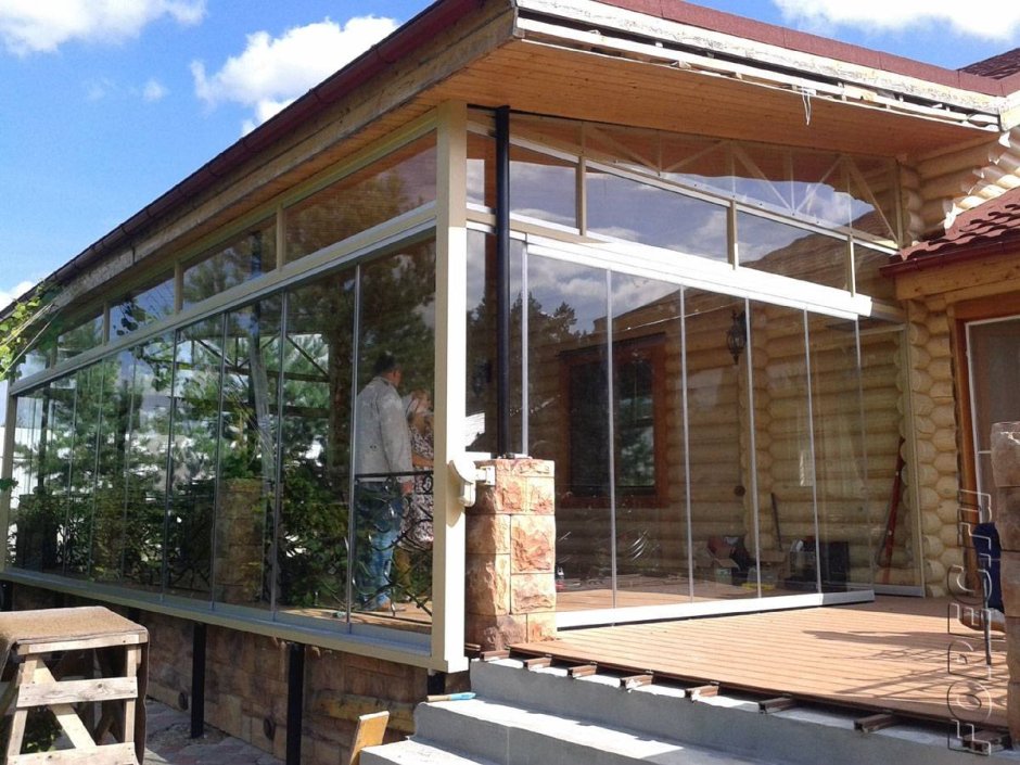 Остекление веранды Безрамное поликарбонат монолит