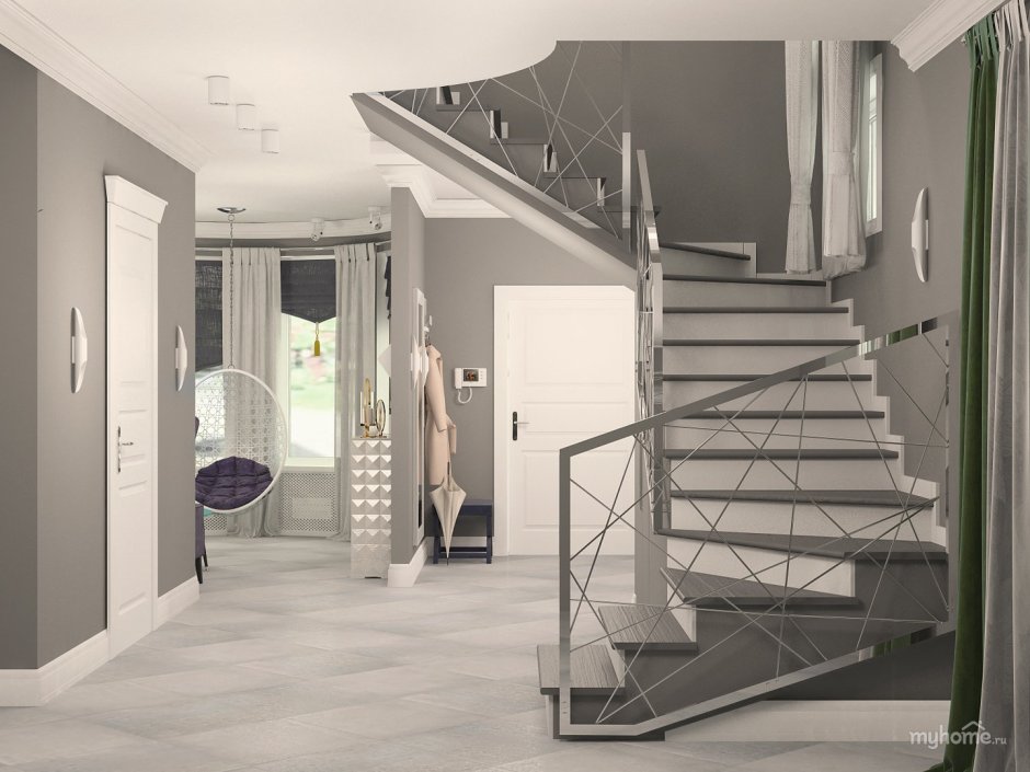 Холл в сером цвете с лестницей