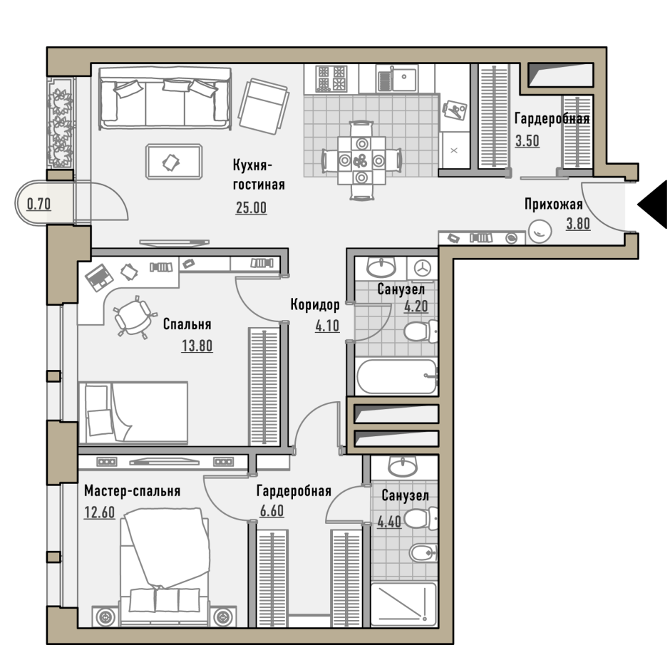 Планировка 2 комнатной квартиры с большой кухней