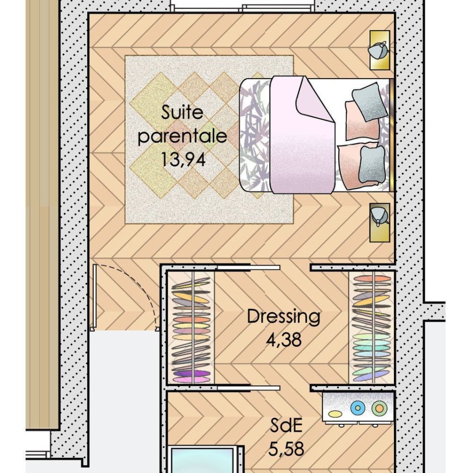 Планировка спальни с гардеробной и санузлом