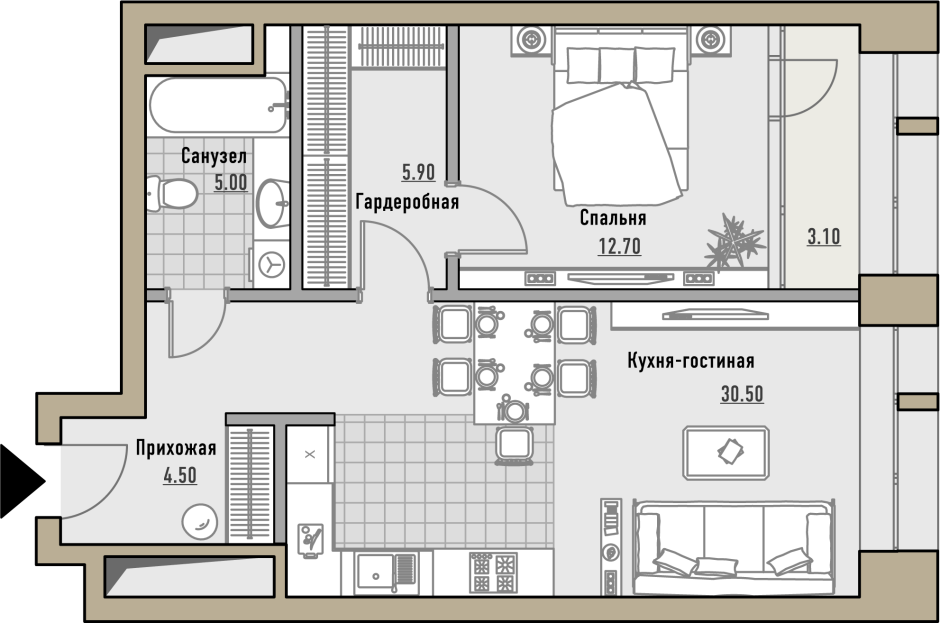 Планировка спальни с гардеробной и санузлом