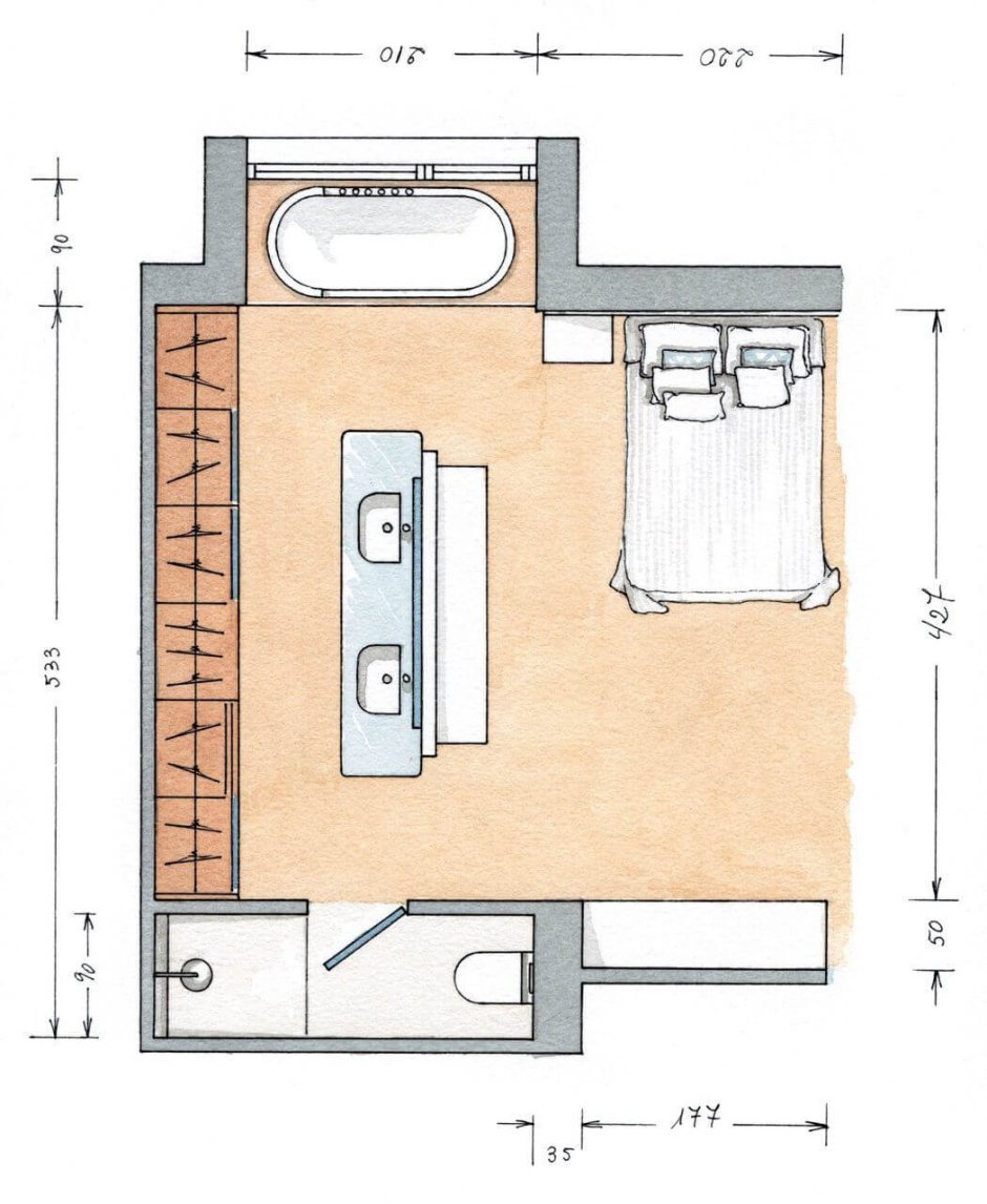 Санузел в спальне планировка