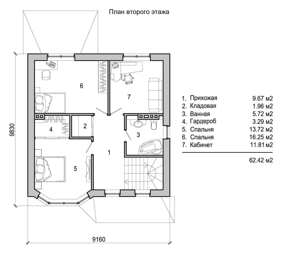 Планировка второго этажа с тремя спальнями и санузлом