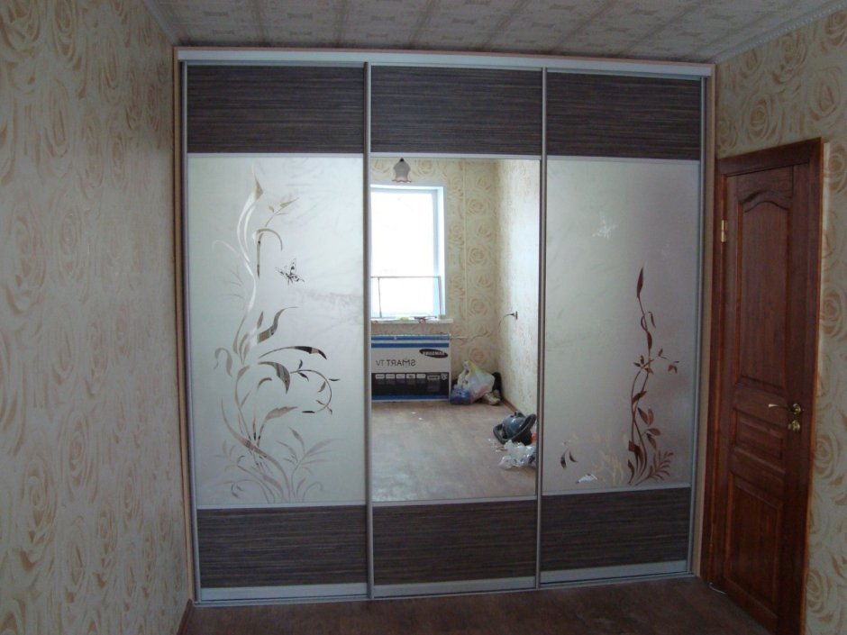 Шкаф-купе в спальню с зеркалом с рисунком